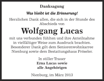 Traueranzeige von Wolfgang Lucas von Super Sonntag Bernburg