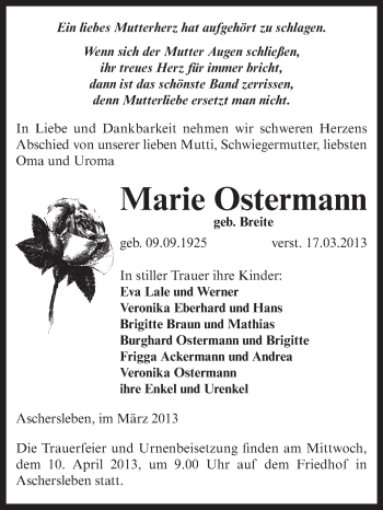 Traueranzeige von Marie Ostermann von WVG - Wochenspiegel Aschersleben