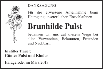 Traueranzeige von Brunhilde Pulst von WVG - Wochenspiegel Quedlinburg