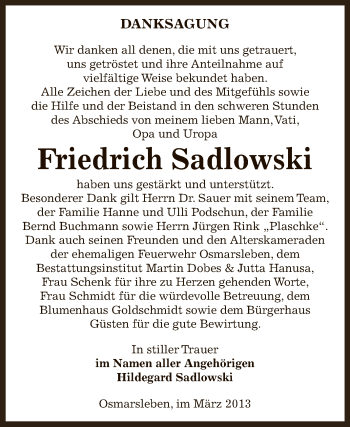 Traueranzeige von Friedrich Sadlowski von Super Sonntag Bernburg