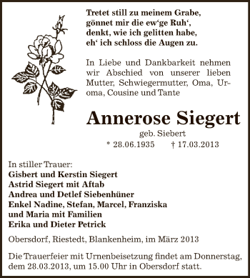 Traueranzeige von Annerose Siegert von Super Sonntag SGH Mansf. Land