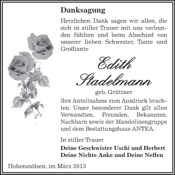 Traueranzeige von Edith Stadelmann von Super Sonntag Zeitz