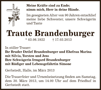 Traueranzeige von Traute Brandenburger von Super Sonntag SGH Mansf. Land