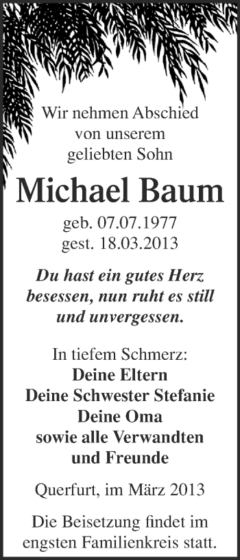 Traueranzeige von Michael Baum von WVG - Wochenspiegel Merseburg