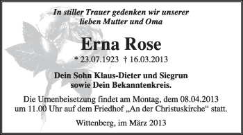 Traueranzeige von Erna Rose von WVG - Wochenspiegel Wittenberg