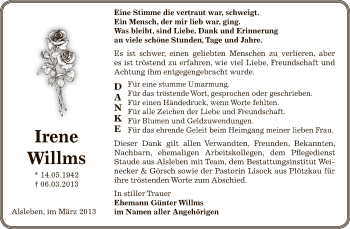 Traueranzeige von Irene Willms von Super Sonntag Bernburg