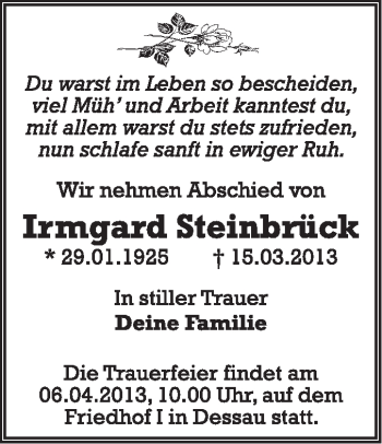 Traueranzeige von Irmgard Steinbrück von Super Sonntag Dessau / Köthen