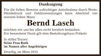 Traueranzeige von Bernd Lasch von Super Sonntag Zeitz