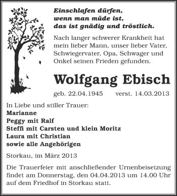 Traueranzeige von Wolfgang Ebisch von WVG - Wochenspiegel NMB / WSF / ZTZ