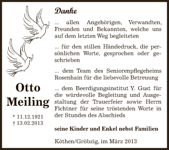 Traueranzeige von Otto Meiling von WVG - Wochenspiegel Dessau / Köthen