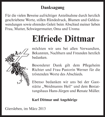 Traueranzeige von Elfriede Dittmar von WVG - Wochenspiegel Aschersleben
