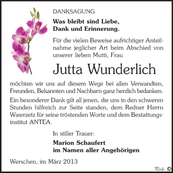 Traueranzeige von Jutta Wunderlich von WVG - Wochenspiegel NMB / WSF / ZTZ
