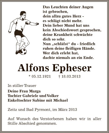 Traueranzeige von Alfons Epheser von Super Sonntag Zeitz