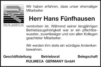 Traueranzeige von Hans Fünfhausen von Super Sonntag Aschersleben