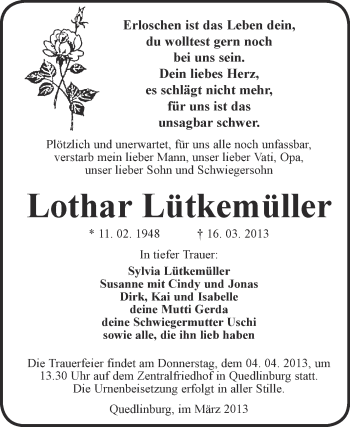 Traueranzeige von Lothar Lütkemüller von WVG - Wochenspiegel Quedlinburg