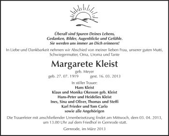 Traueranzeige von Margarete Kleist von WVG - Wochenspiegel Quedlinburg