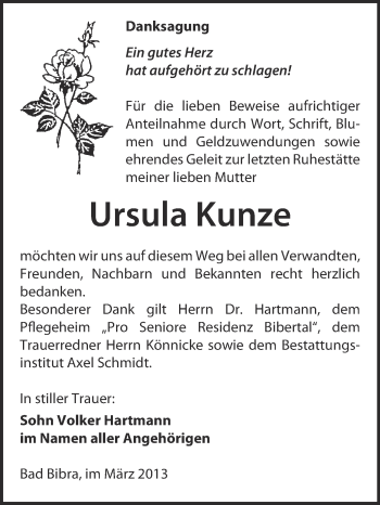Traueranzeige von Ursula Kunze von WVG - Wochenspiegel NMB / WSF / ZTZ