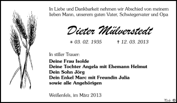 Traueranzeige von Dieter Mülverstedt von WVG - Wochenspiegel NMB / WSF / ZTZ