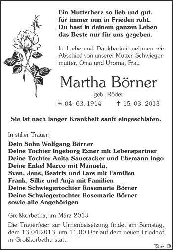 Traueranzeige von Martha Börner von WVG - Wochenspiegel NMB / WSF / ZTZ