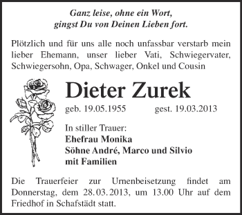 Traueranzeige von Dieter Zurek von Super Sonntag Merseburg