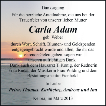 Traueranzeige von Carla Adam von Super Sonntag SGH Mansf. Land