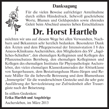 Traueranzeige von Horst Hartleb von WVG - Wochenspiegel Aschersleben