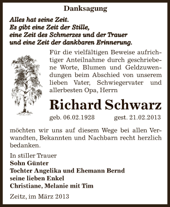 Traueranzeige von Richard Schwarz von Super Sonntag Zeitz