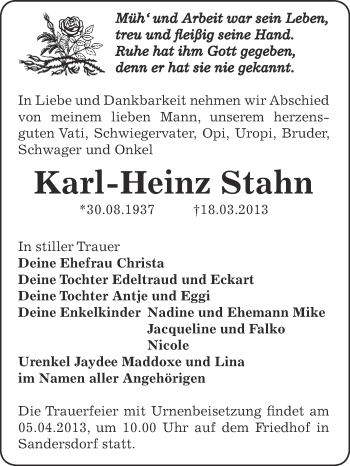 Traueranzeige von Karl-Heinz Stahn von WVG - Wochenspiegel Bitterfeld
