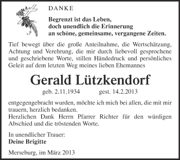 Traueranzeige von Gerald Lützkendorf von Super Sonntag Merseburg