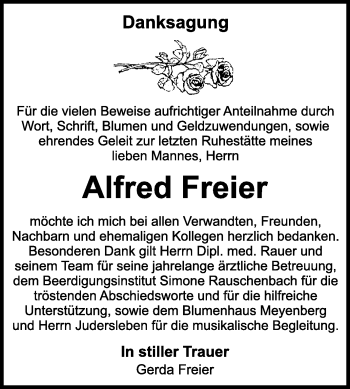 Traueranzeige von Alfred Freier von WVG - Wochenspiegel NMB / WSF / ZTZ