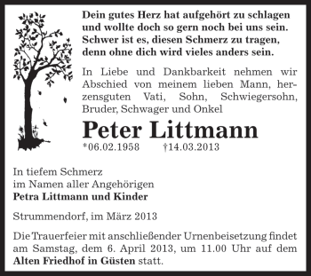 Traueranzeige von Peter Littmann von WVG - Wochenspiegel Bernburg