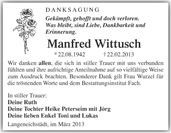 Traueranzeige von Manfred Wittusch von WVG - Wochenspiegel Merseburg