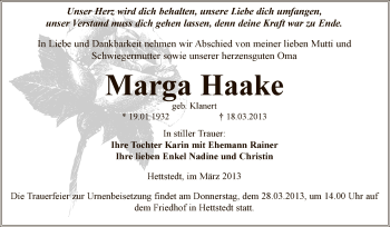 Traueranzeige von Marga Haake von Super Sonntag SGH Mansf. Land