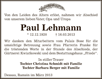 Traueranzeige von Paul Lehmann von WVG - Wochenspiegel Dessau / Köthen
