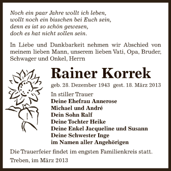 Traueranzeige von Rainer Korrek von Super Sonntag Zeitz