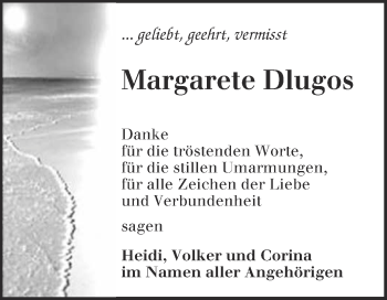 Traueranzeige von Margarete Dlugos von Super Sonntag Quedlinburg