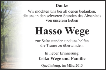 Traueranzeige von HassoWege  von WVG - Wochenspiegel Quedlinburg