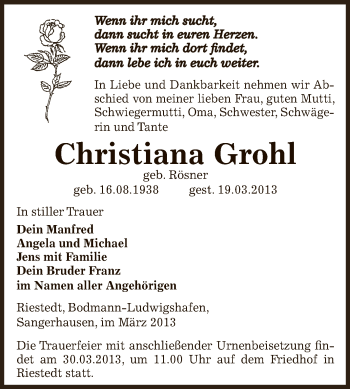 Traueranzeige von Christiana Grohl von Super Sonntag SGH Mansf. Land