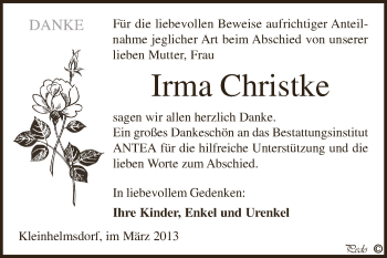 Traueranzeige von Irma Christke von Super Sonntag Zeitz