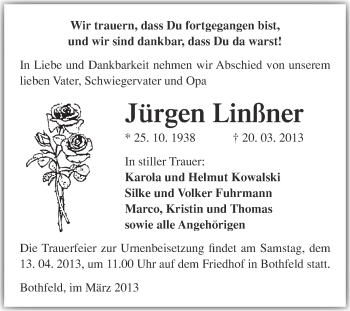 Traueranzeige von Jürgen Linßner von Super Sonntag Merseburg