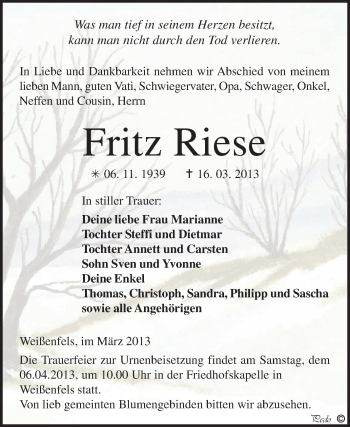 Traueranzeige von Fritz Riese von WVG - Wochenspiegel NMB / WSF / ZTZ