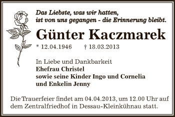 Traueranzeige von Günter Kaczmarek von WVG - Wochenspiegel Dessau / Köthen
