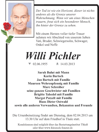 Traueranzeige von Willi Pichler von WVG - Wochenspiegel Quedlinburg