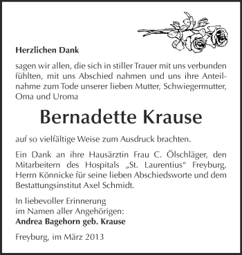 Traueranzeige von Bernadette Krause von WVG - Wochenspiegel NMB / WSF / ZTZ