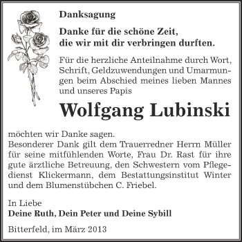 Traueranzeige von Wolfgang Lubinski von WVG - Wochenspiegel Bitterfeld