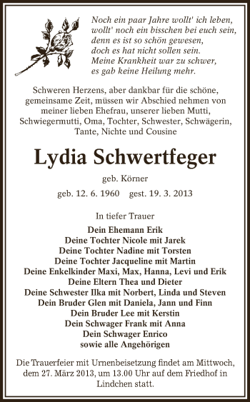 Traueranzeige von Lydia Schwertfeger von WVG - Wochenspiegel Dessau / Köthen