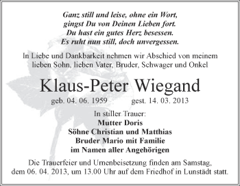 Traueranzeige von Klaus-Peter Wiegand von WVG - Wochenspiegel Merseburg