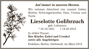 Traueranzeige von Lieselotte Golibrzuch von Wochenspiegel Mansfelder Land
