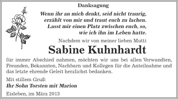 Traueranzeige von Sabine Kuhnhardt von Wochenspiegel Mansfelder Land