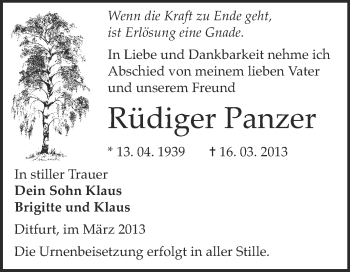 Traueranzeige von Rüdiger Panzer von WVG - Wochenspiegel Quedlinburg